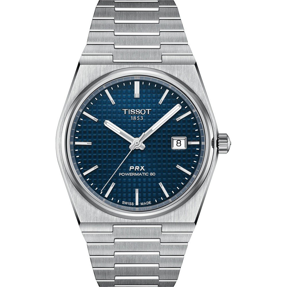 Montre Tissot PRX Powermatic 80 avec cadran bleu, boîtier en acier inoxydable et bracelet en acier.