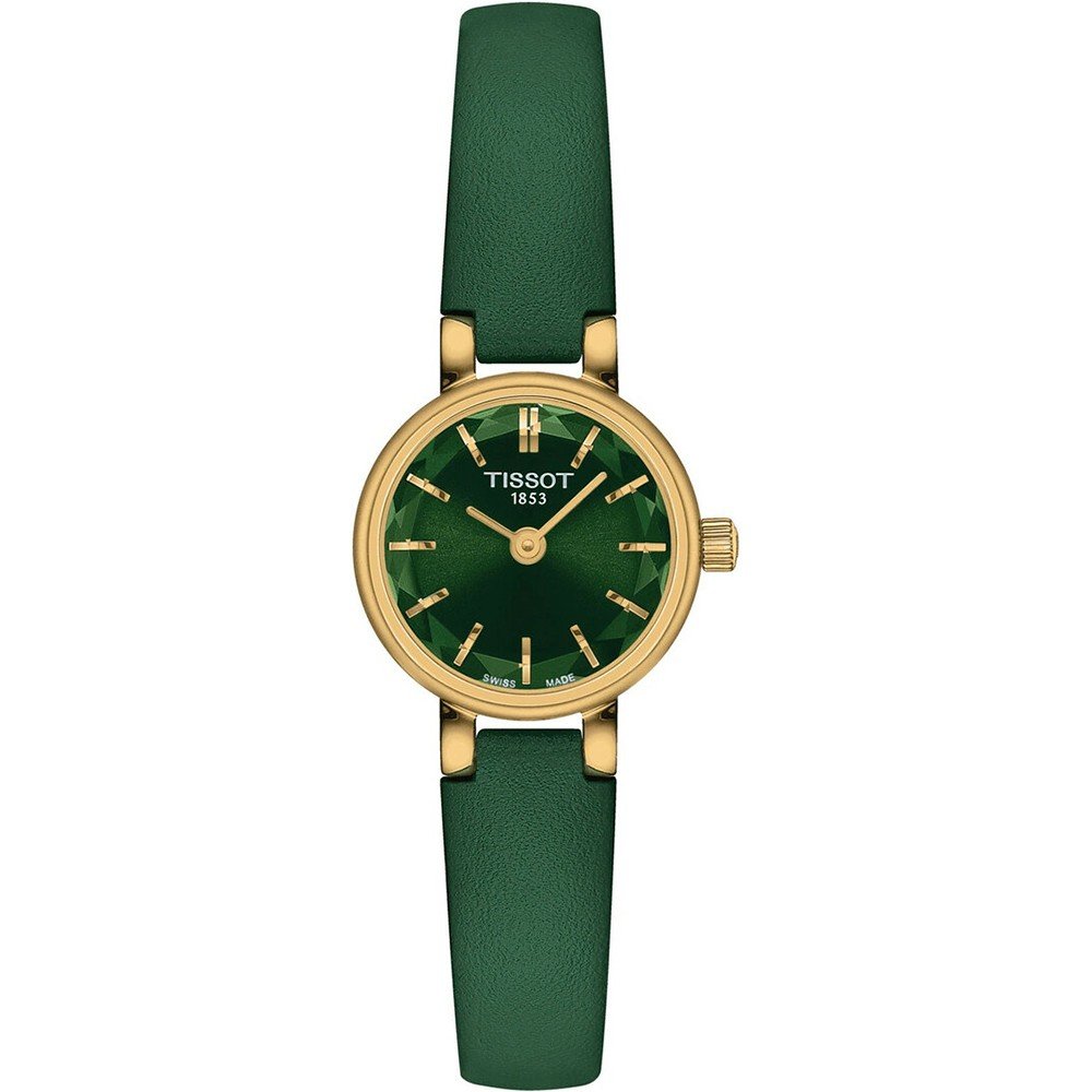 Montre Tissot Lovely Round avec un cadran vert et un boîtier doré, bracelet en cuir vert.