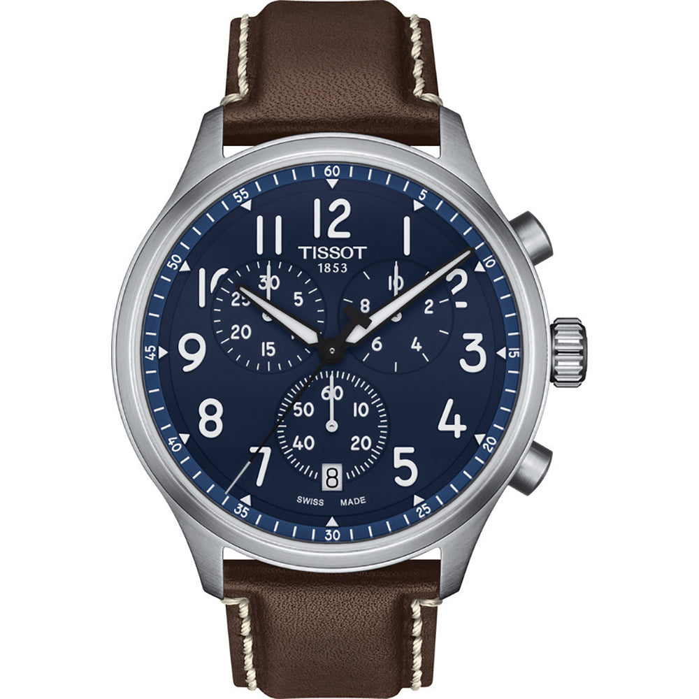 Montre Tissot Chrono XL Vintage avec cadran bleu, boîtier en acier inoxydable et bracelet en cuir marron.