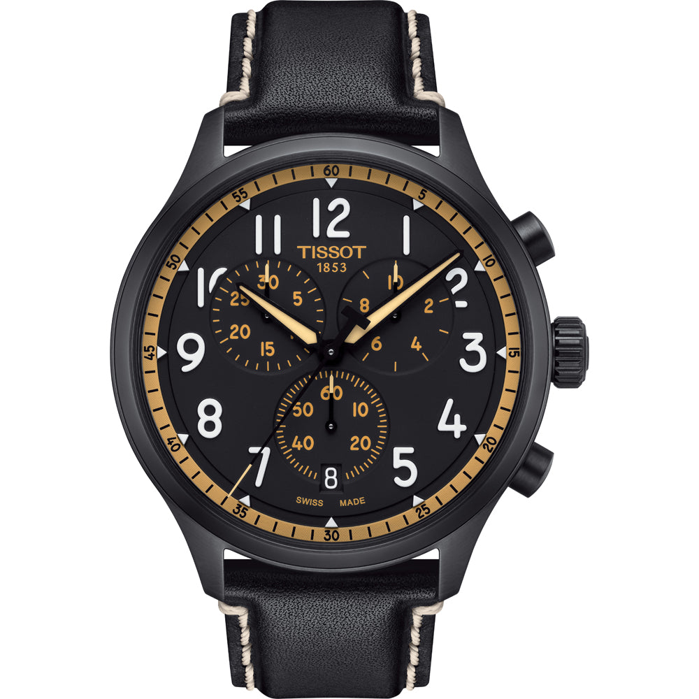 Montre Tissot Chrono XL Vintage avec boîtier noir, cadran noir et détails dorés, bracelet en cuir noir.