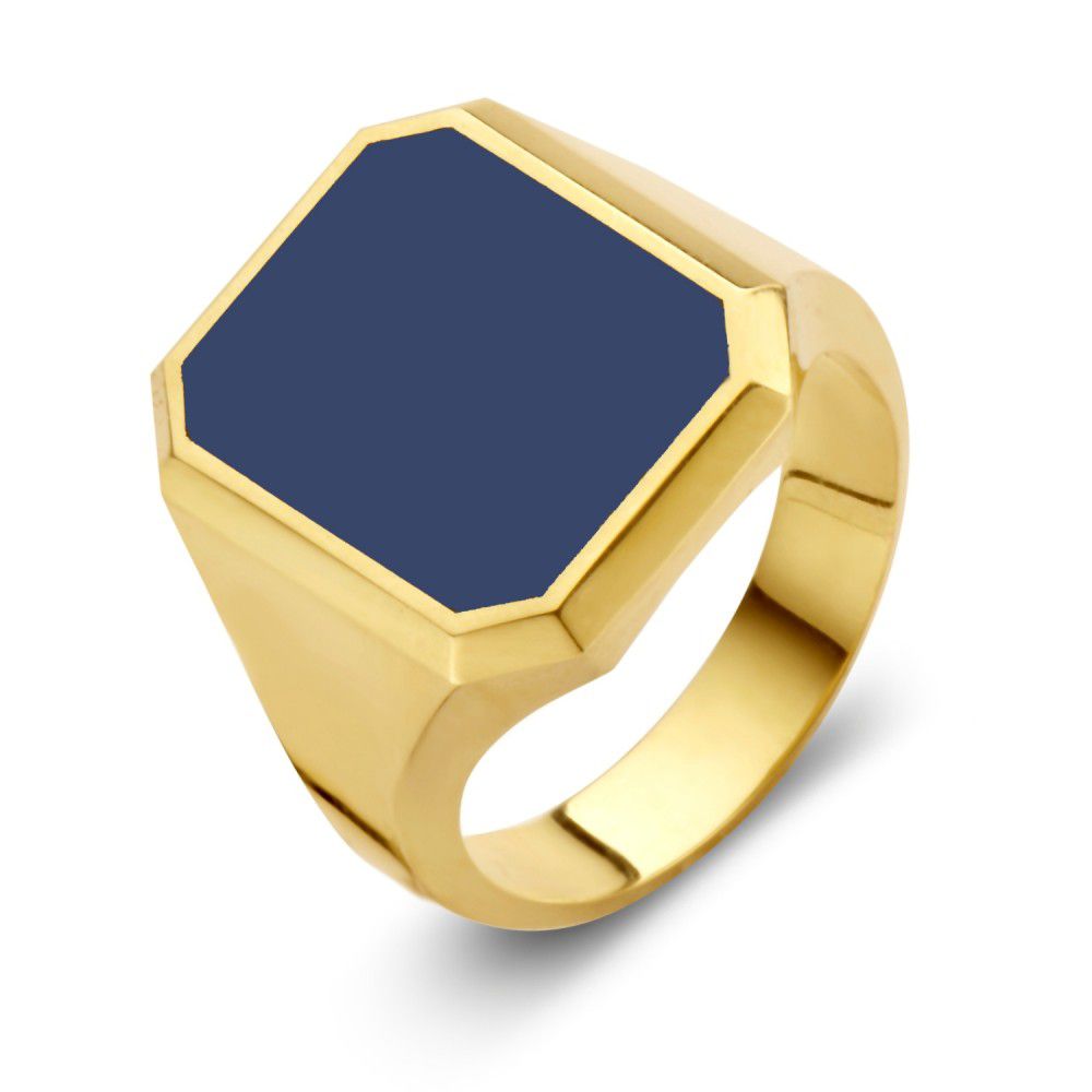 Bague en or jaune massif 14 carats avec pierre bleue en forme octogonale.