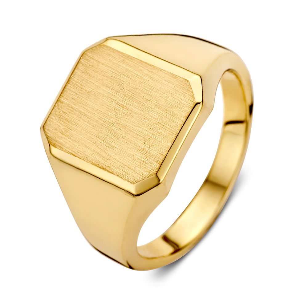Bague en or jaune 14 carats avec un design hexagonal et une finition brossée.