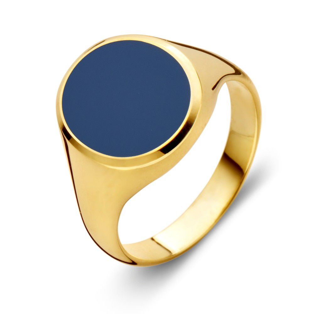 Bague en or jaune 14 carats avec une pierre bleue en couche, design masculin.