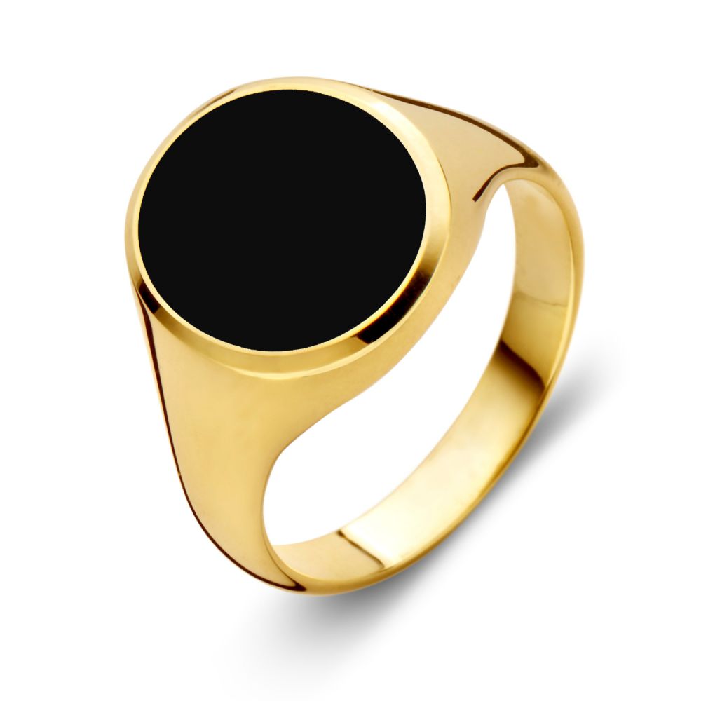 Bague en or jaune massif 14 carats avec une pierre d'onyx noir.