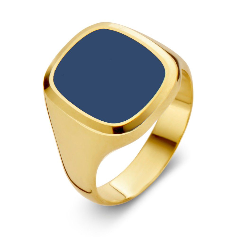 Bague en or jaune 14 carats avec un plateau carré et une pierre bleue en couches.