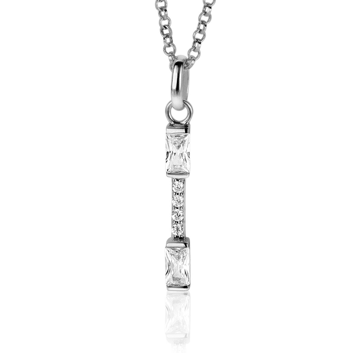 Pendentif en argent avec des pierres brillantes, formé de trois éléments rectangulaires.