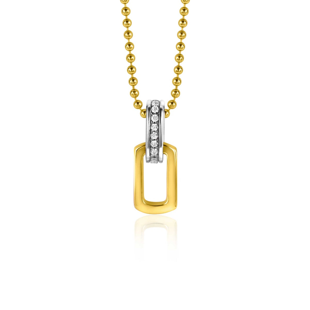 Pendentif doré en forme de rectangle avec des zircons, suspendu à une chaîne à billes dorées.