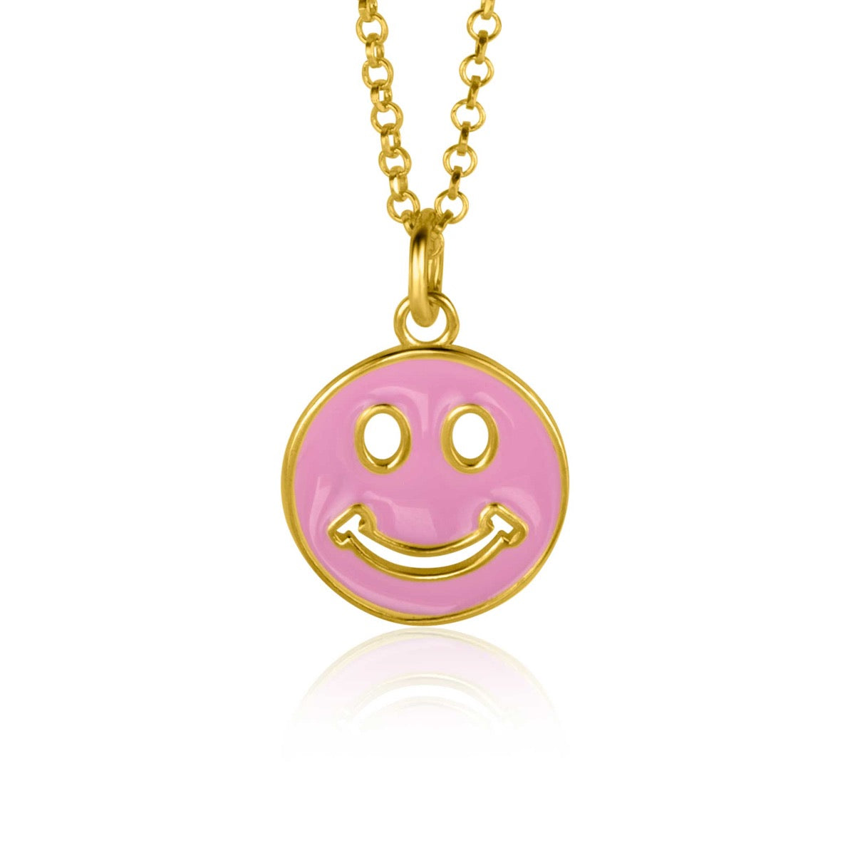 Pendentif en forme de smiley, doré, avec un émaillage rose et une chaîne délicate.