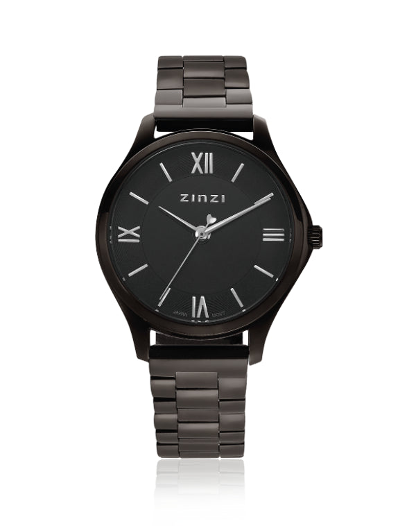 Montre noire en acier avec un cadran noir et des chiffres romains.