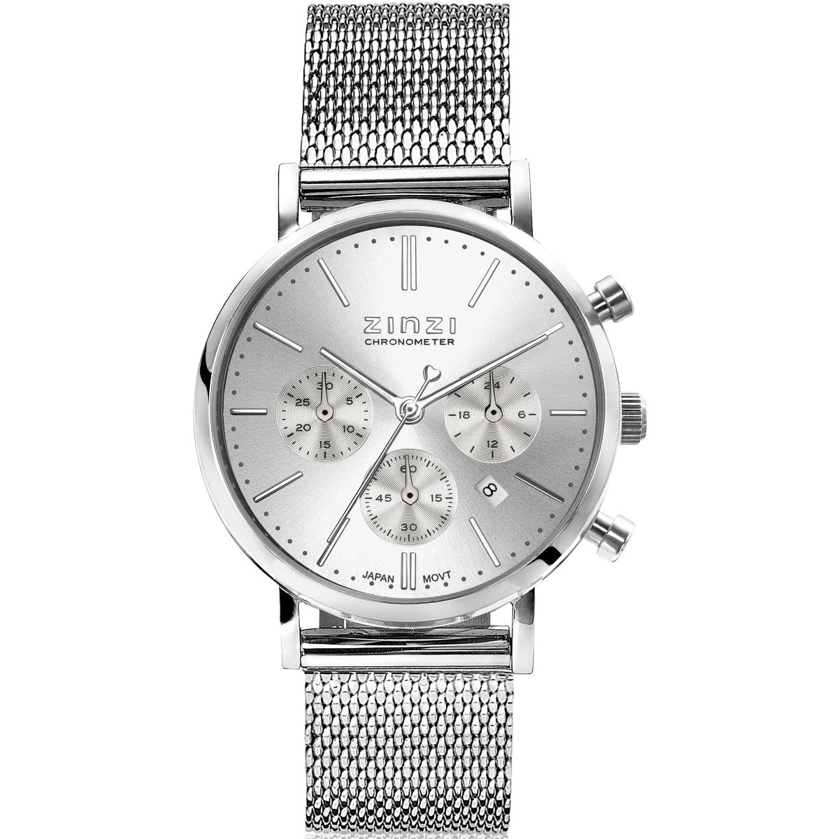Montre en acier argenté avec cadran argenté, trois sous-cadrans et bracelet en maille.