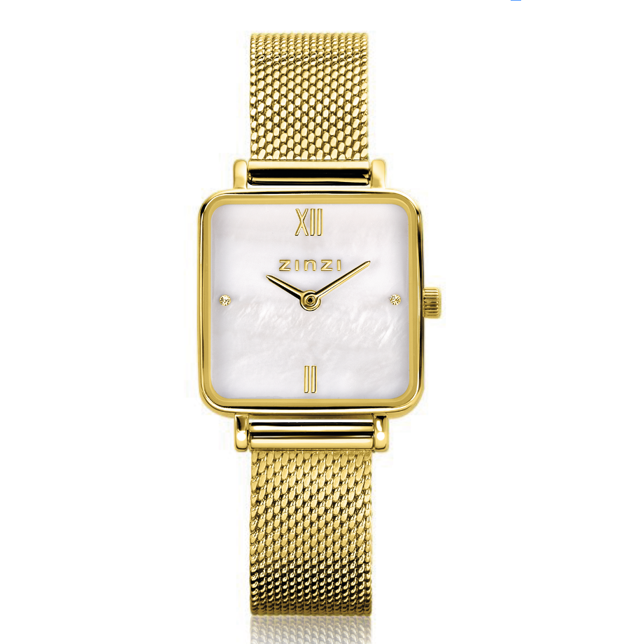 Montre dorée avec boîtier carré, cadran blanc et bracelet en maille.