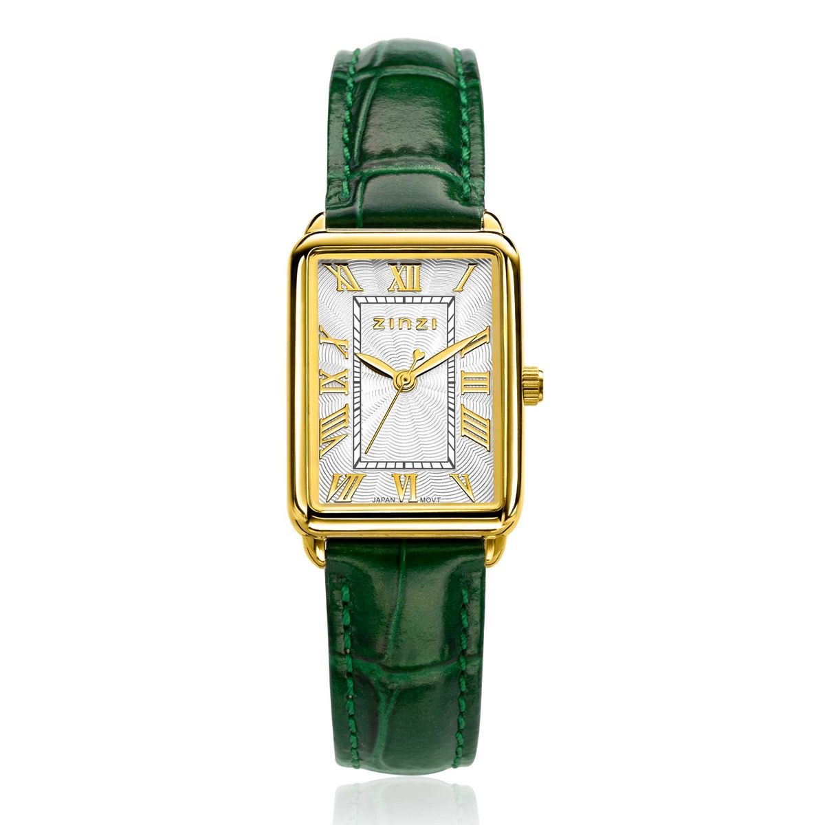 Montre en acier couleur argentée avec cadran rectangulaire doré et bracelet en cuir vert.