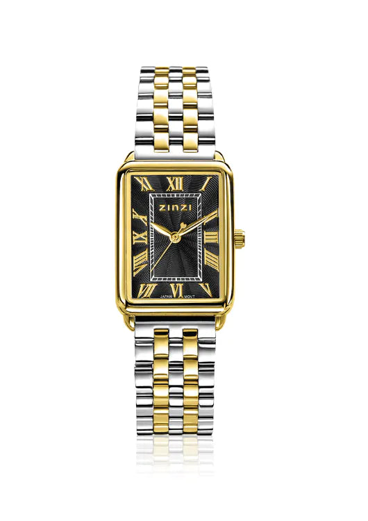 Montre bicolore en acier avec un boîtier rectangulaire doré et un cadran noir, bracelet en acier argenté et doré.