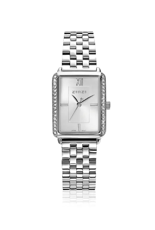 Montre en acier argenté avec cadran rectangulaire, incrustée de strass, bracelet à maillons.
