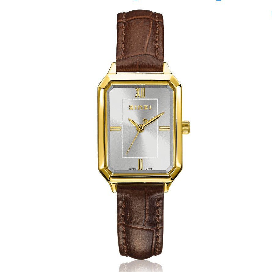 Montre dorée avec cadran argenté, boîtier rectangulaire et bracelet en cuir marron.