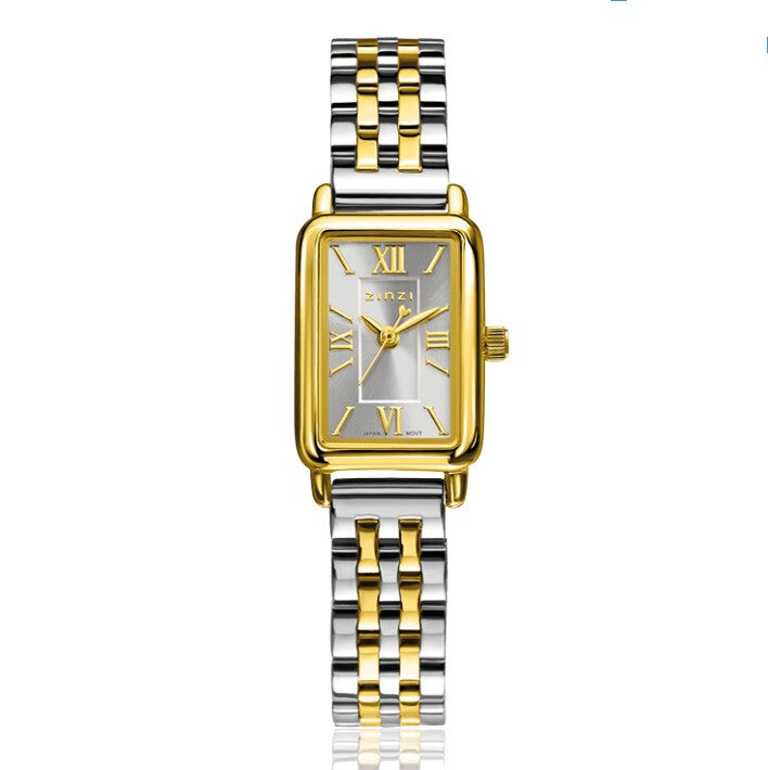 Montre bicolore avec boîtier doré et bracelet en acier inoxydable argenté, cadran rectangulaire argenté.