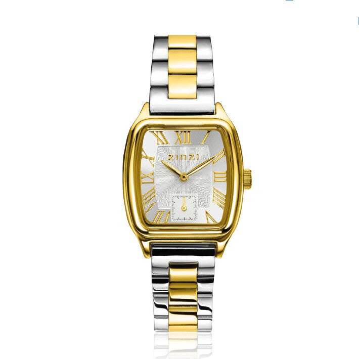Montre bicolore avec boîtier doré et argenté, cadran argenté et bracelet en acier inoxydable.