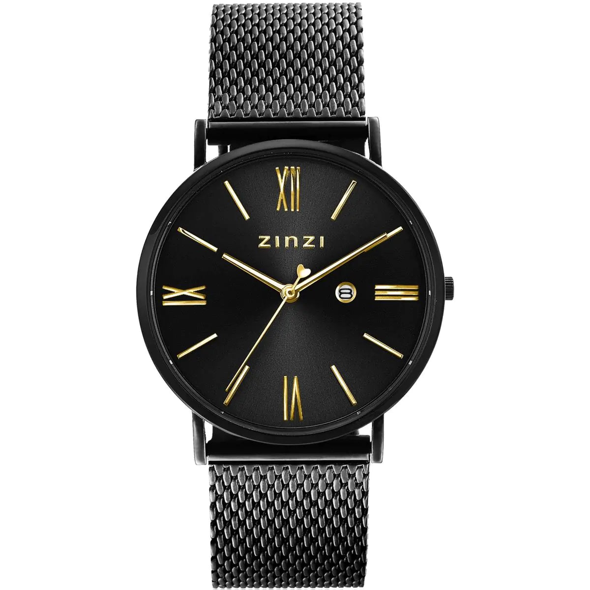 Montre noire en acier avec un cadran noir et des chiffres romains dorés.