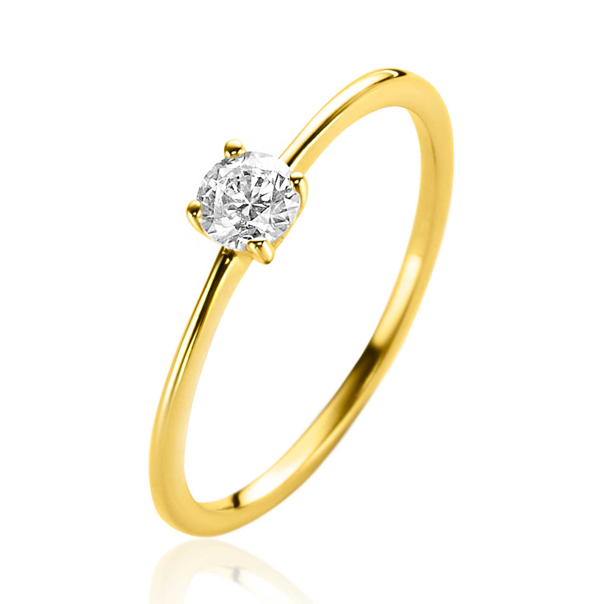 Bague en or avec un diamant brillant serti sur un anneau fin.