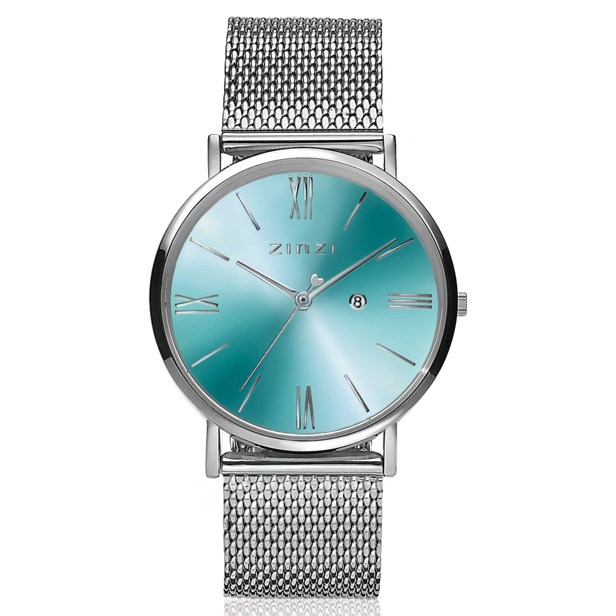 Montre en acier argenté avec un cadran bleu dégradé et des chiffres romains.
