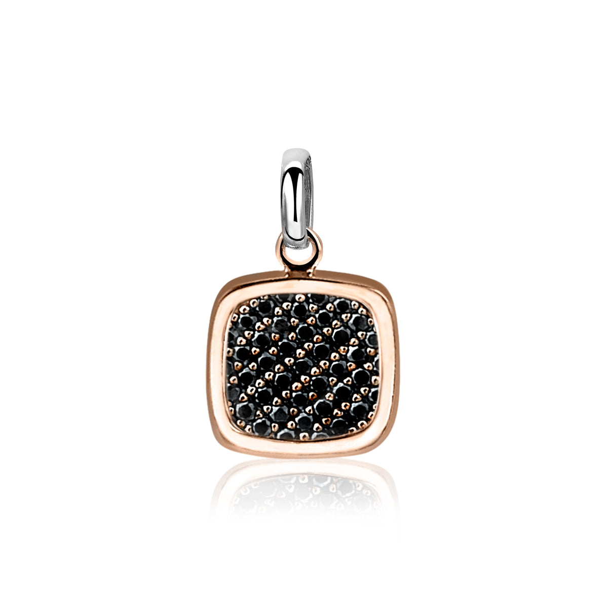 Pendentif doré avec un motif carré et des pierres noires.