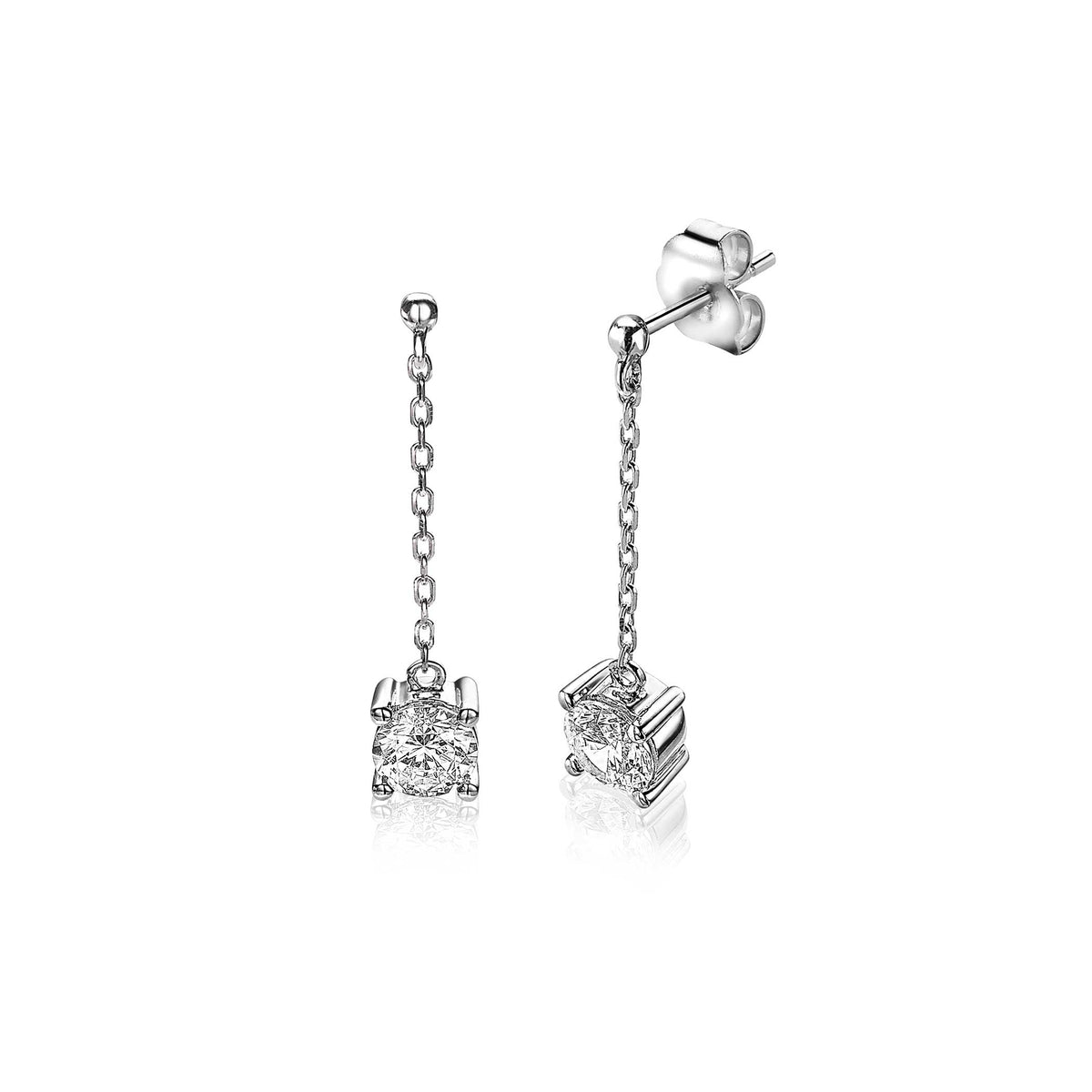 Boucles d'oreilles en argent avec une chaîne suspendue et un motif en forme de fleur.