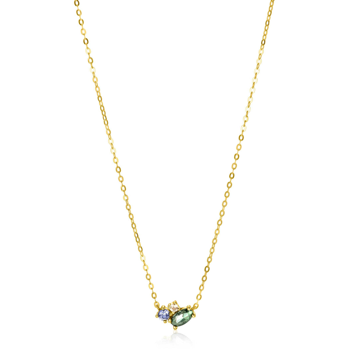 Collier en or avec pendentif en forme de goutte et pierres colorées.