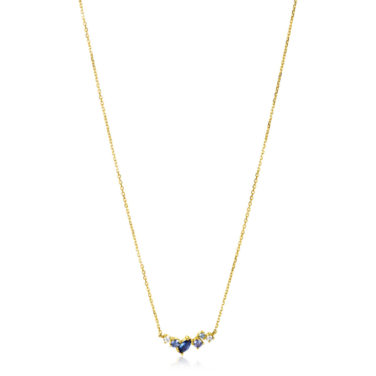 Collier en or avec un pendentif en forme de cœur bleu et des pierres scintillantes.