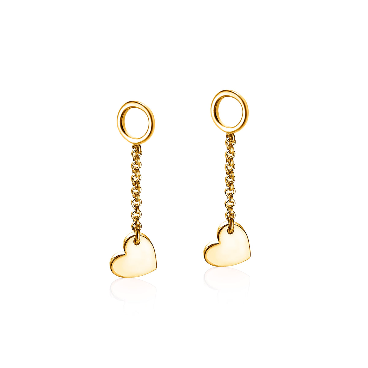 Boucles d'oreilles dorées avec des chaînes et des pendentifs en forme de cœur.