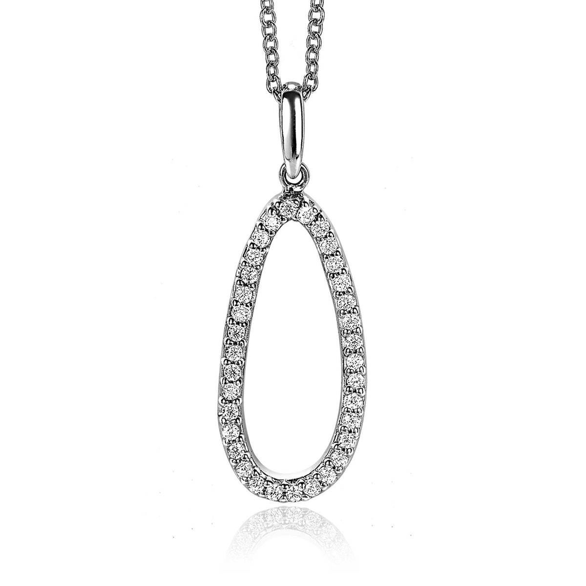 Pendentif en argent en forme de goutte, orné de zircons brillants.