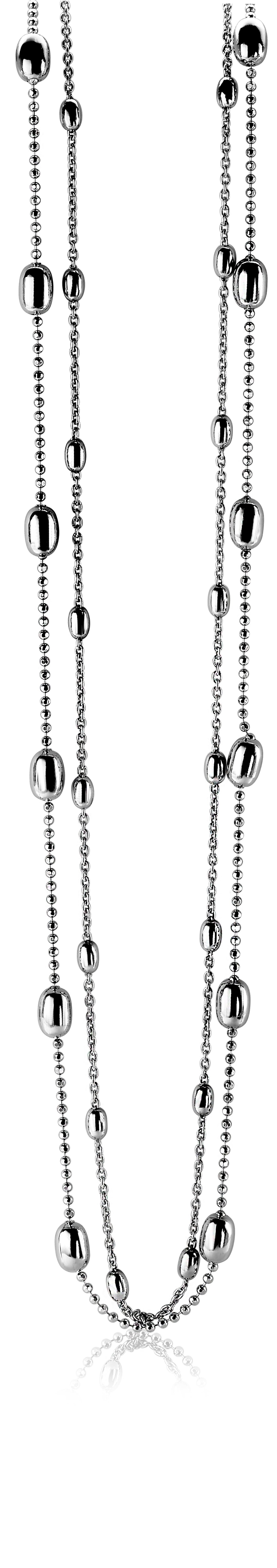 Collier en argent avec des perles rondes et des éléments en forme de sphère.