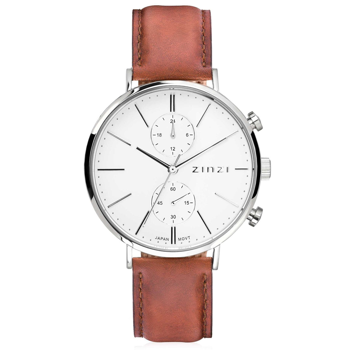 Montre en acier argenté avec cadran blanc, bracelet en cuir marron et chronographe.