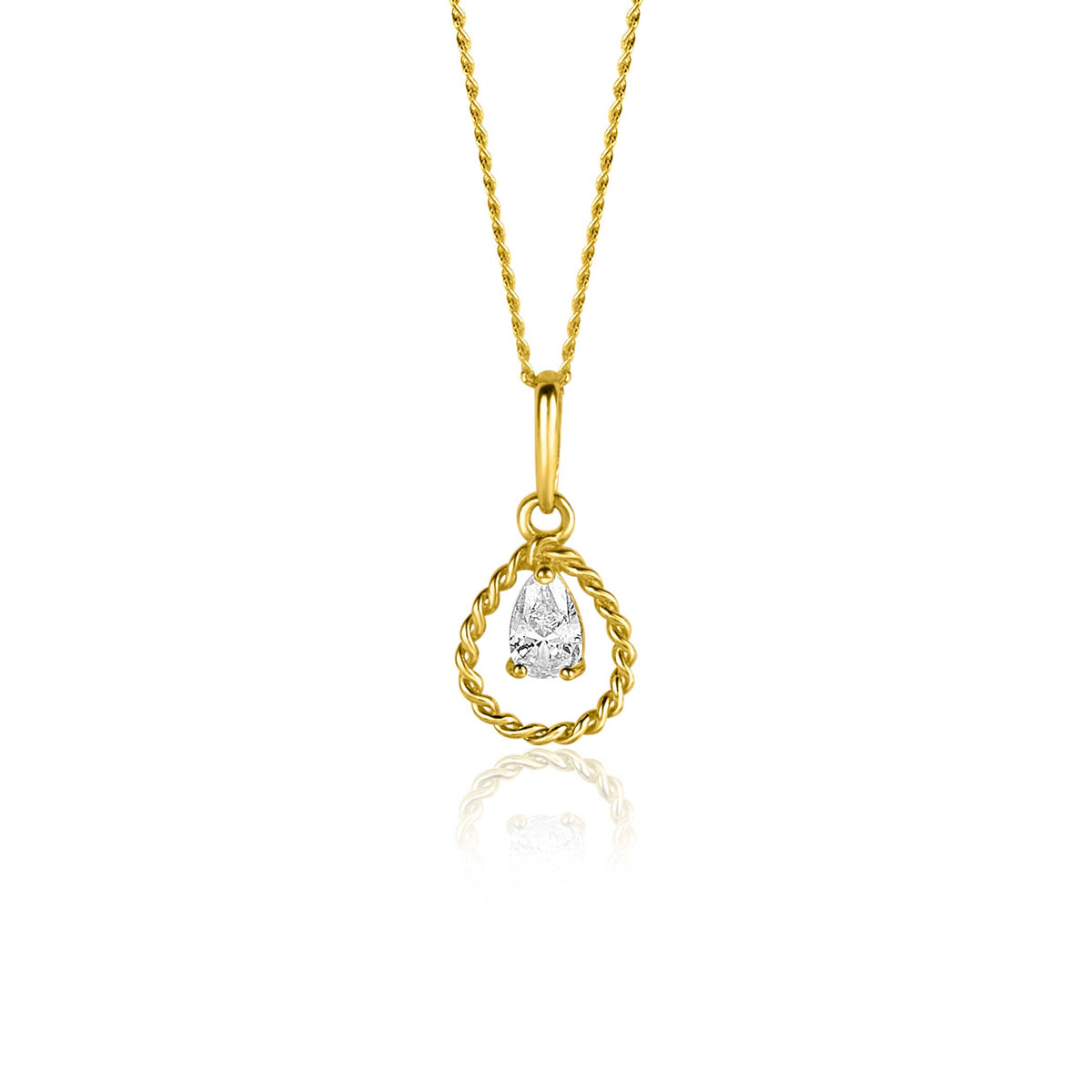 Pendentif doré en forme de goutte avec un cristal transparent, suspendu à une chaîne délicate.
