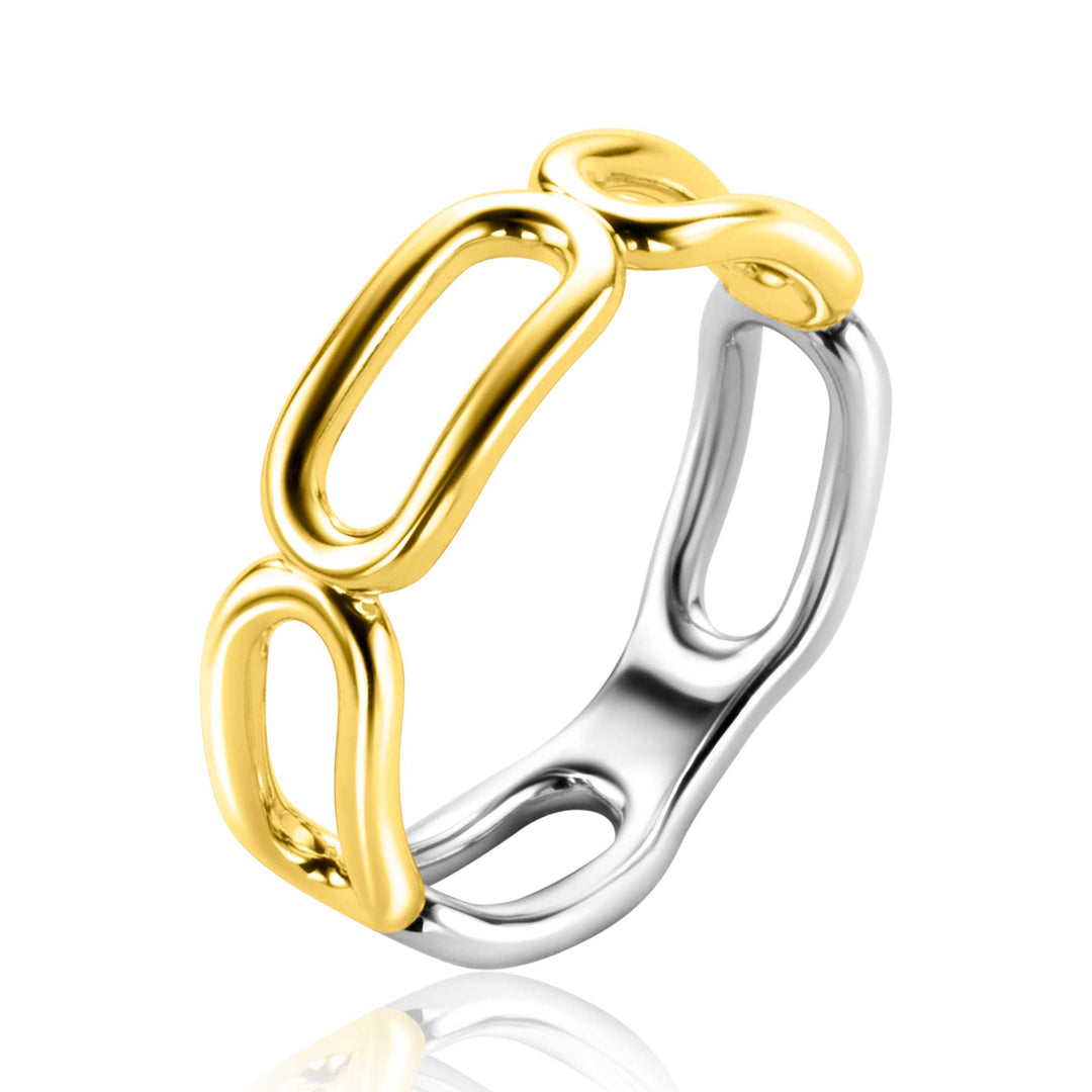 De Zinzi Ring Gold Plated Zir2567 G van Zinzi heeft een modern open, gekoppeld ovaal ontwerp. De helft is gepolijst verguld, de andere helft in glanzend zilver, waardoor een opvallend contrast ontstaat. Afgebeeld op een witte achtergrond.