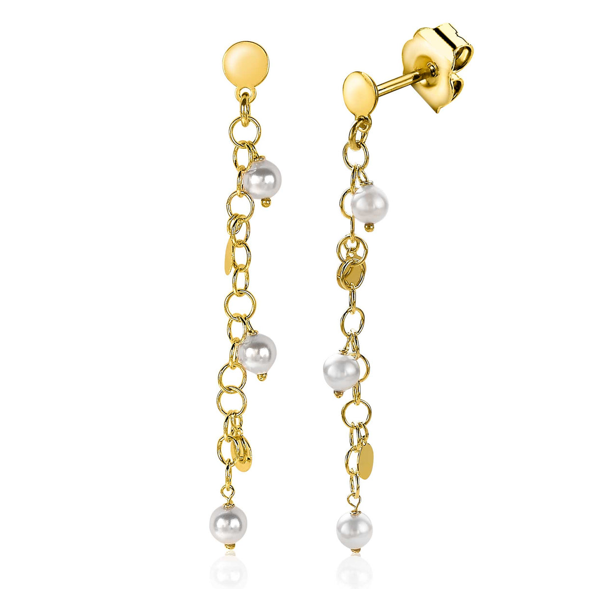 Boucles d'oreilles dorées avec chaînes et perles blanches.
