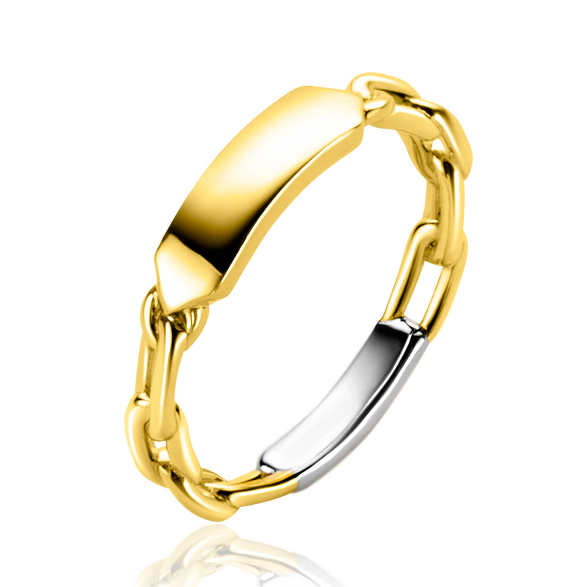 Bague dorée avec maillons et une partie argentée.