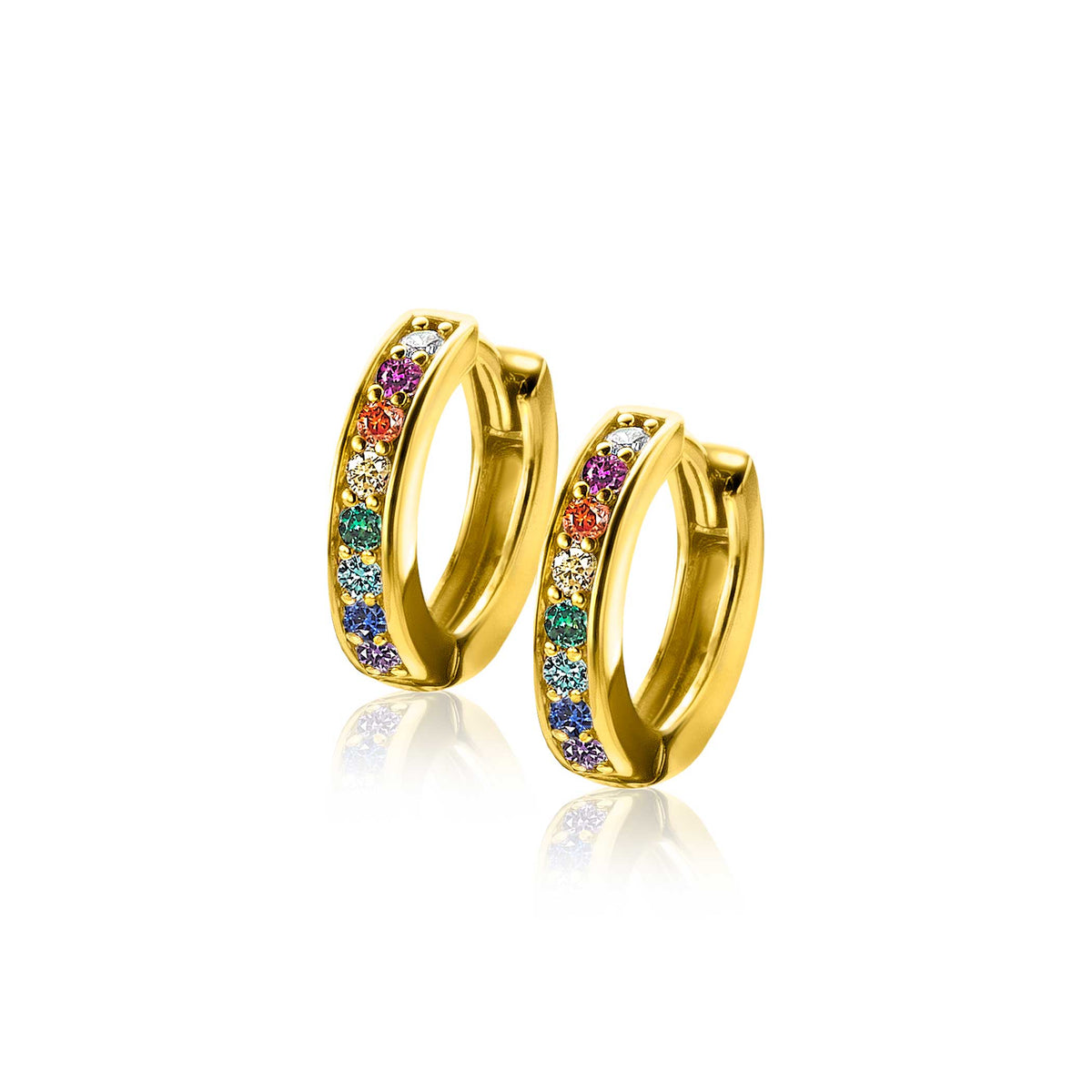 Boucles d'oreilles dorées avec des pierres colorées sur le devant.