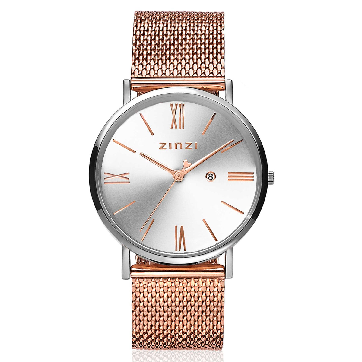Montre argentée avec un cadran argenté et des index dorés, bracelet en maille rose.