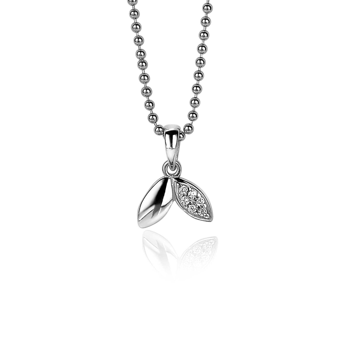Pendentif en argent avec deux feuilles, l'une lisse et l'autre ornée de zirconiums.