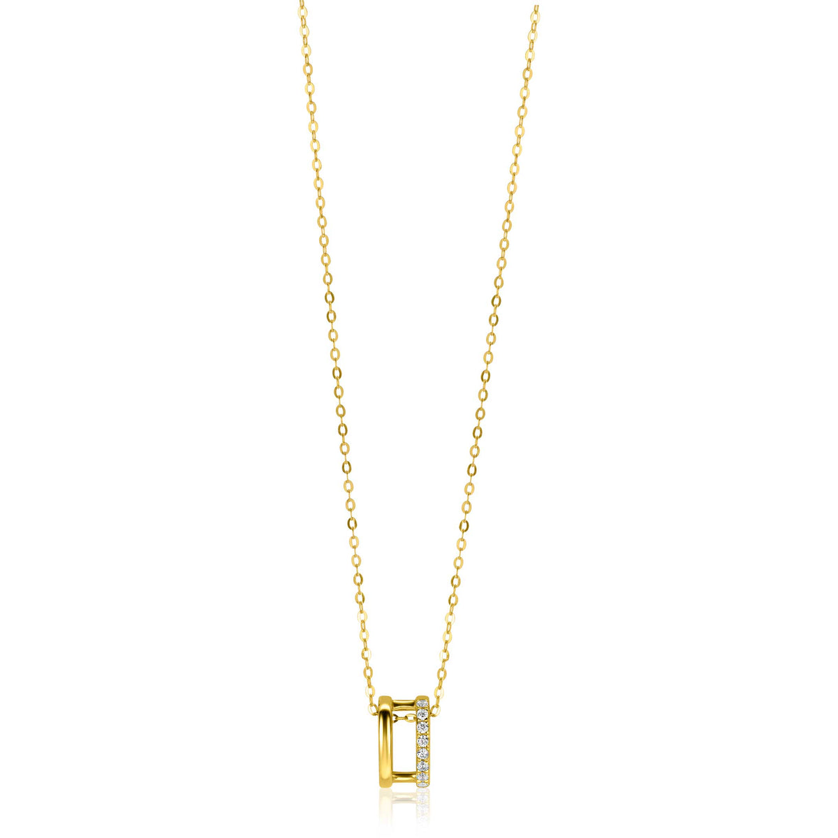 Collier en or avec un pendentif rectangulaire et des pierres brillantes.