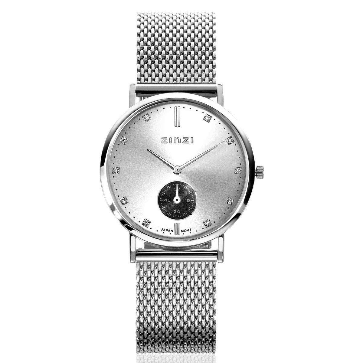 Montre en acier argenté avec cadran argenté et affichage minimaliste.