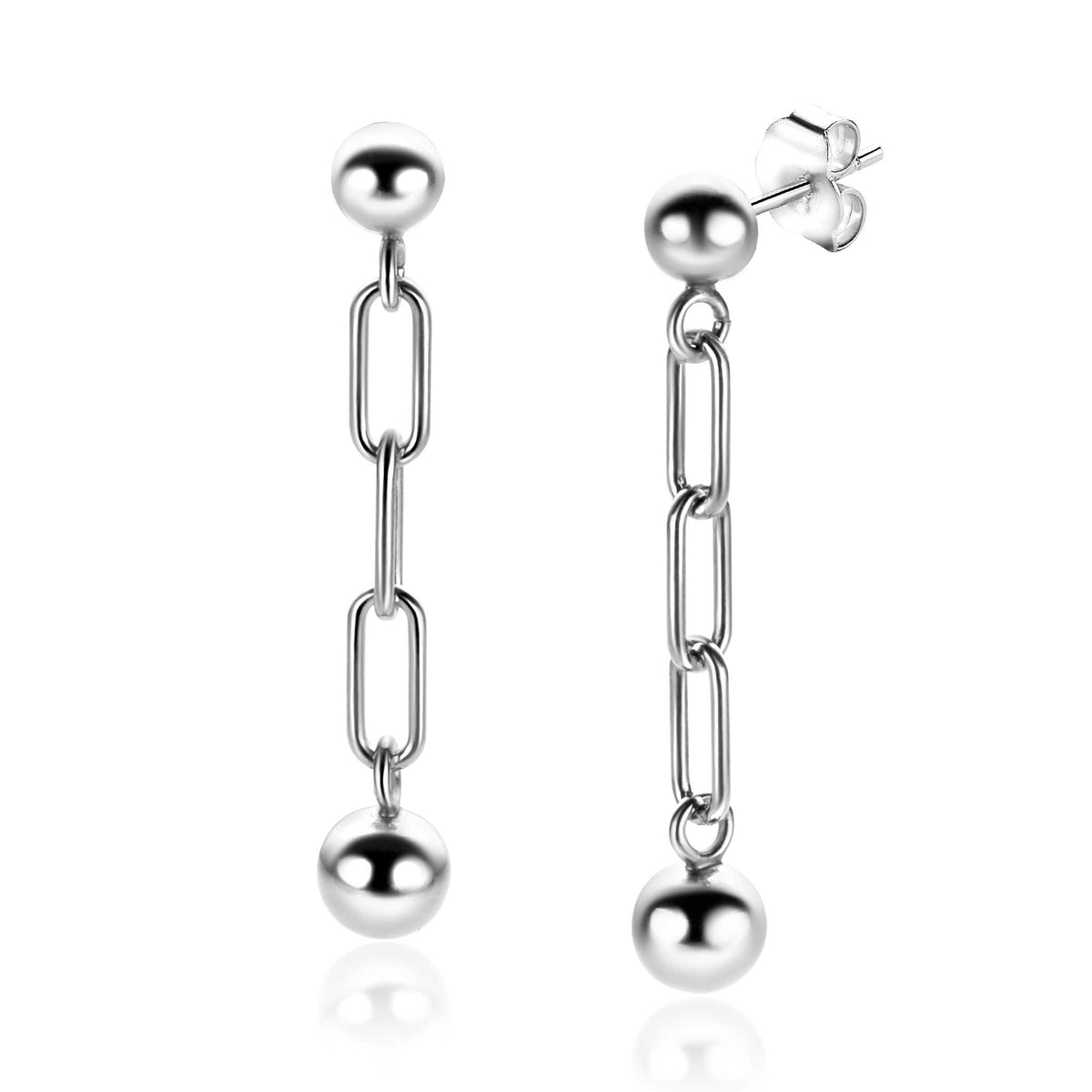 Boucles d'oreilles en argent avec des maillons et des perles sphériques.