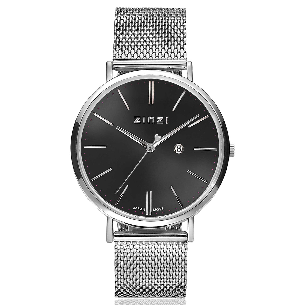 Montre en acier argenté avec cadran noir, bracelet en maille et index argentés.
