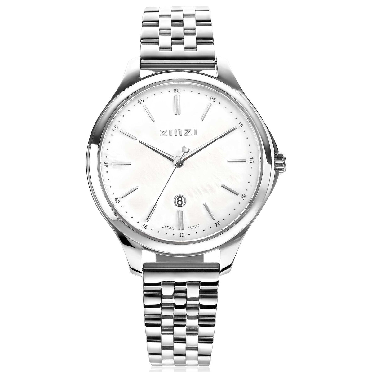 Montre en acier argenté avec un cadran blanc et un bracelet à maillons.