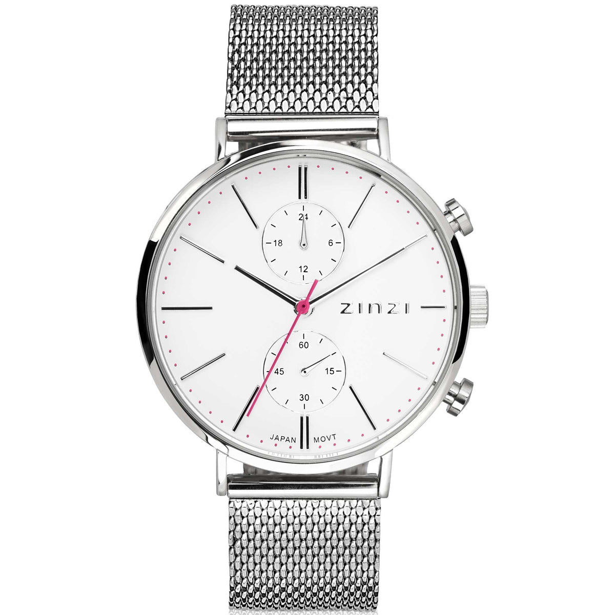 Montre en acier inoxydable argenté avec cadran blanc, aiguilles noires et détails rouges.