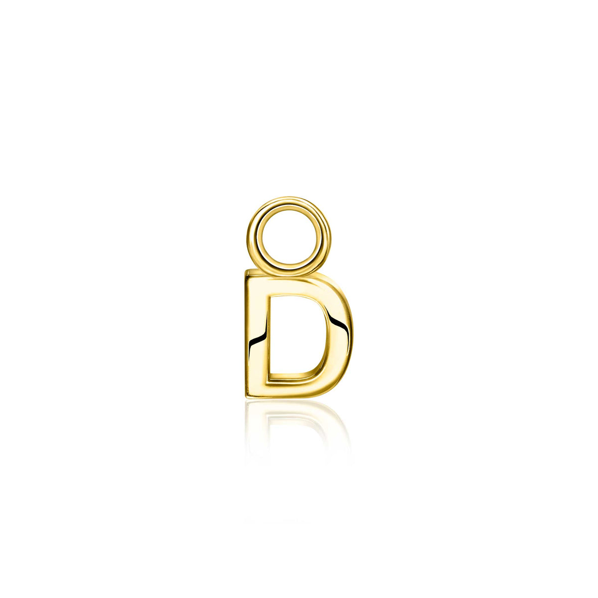 Boucles d'oreilles dorées en forme de lettre D avec un détail noir.