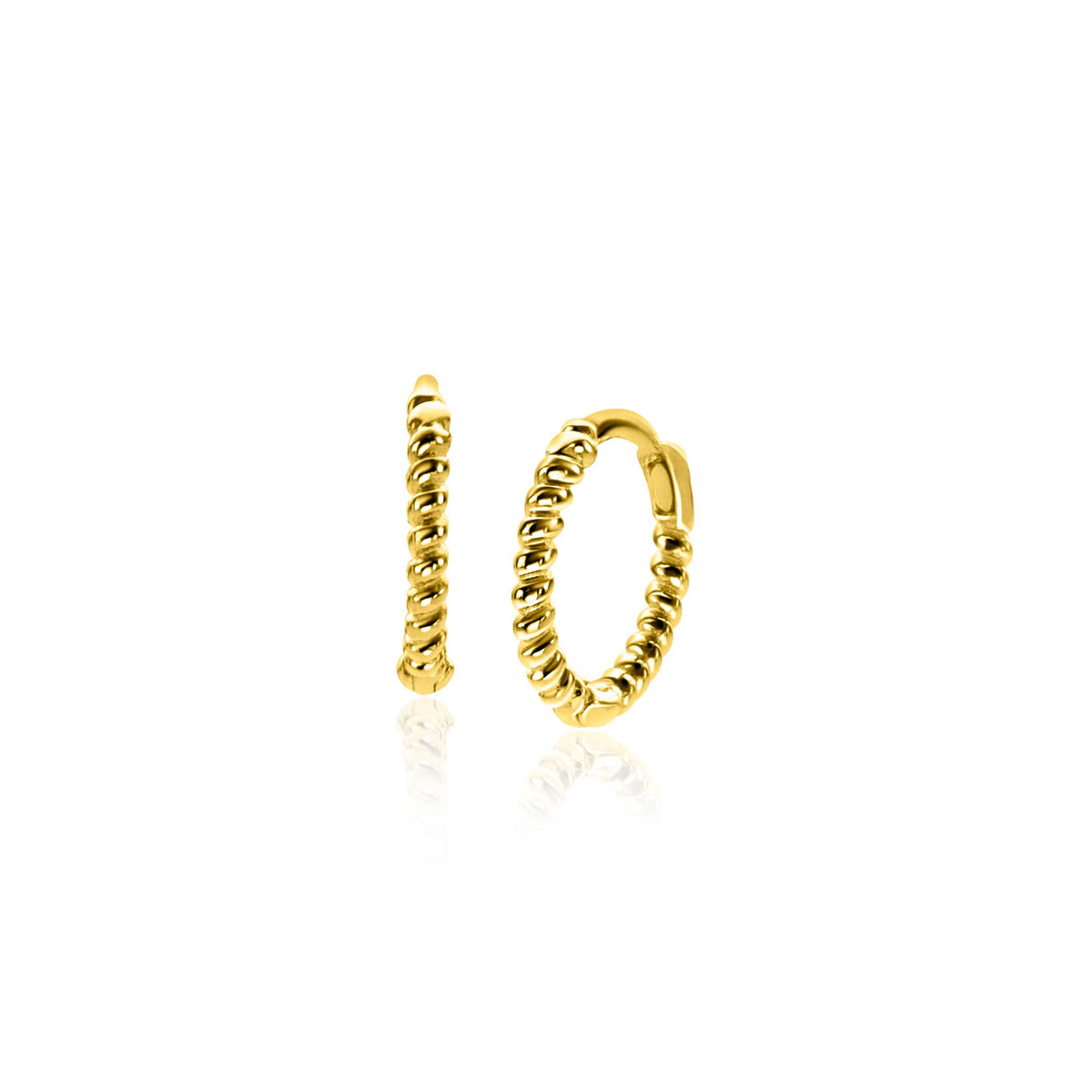 Boucles d'oreilles dorées avec un design en spirale et un fermoir.
