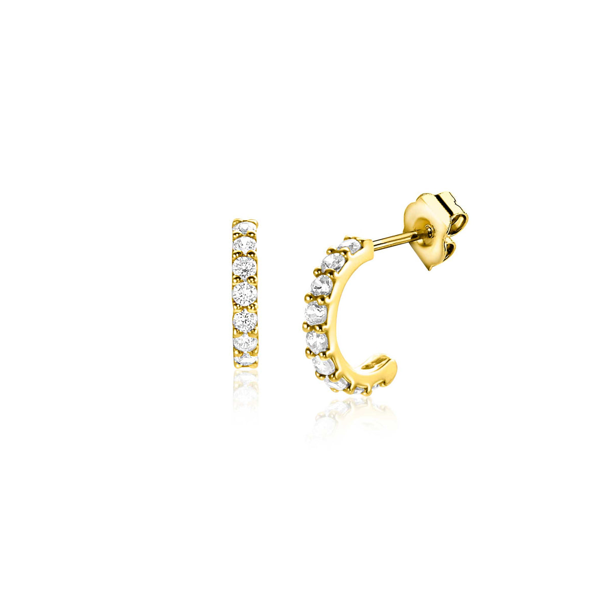 Boucles d'oreilles en or avec des pierres brillantes disposées en ligne.