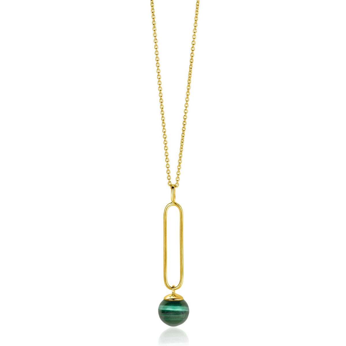 Collier plaqué or avec un pendentif en forme de boucle et une perle en malachite.