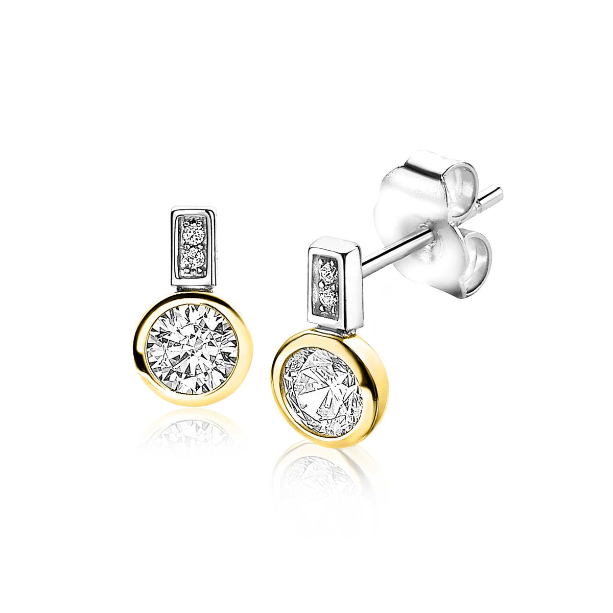 Boucles d'oreilles en argent avec des détails en or, ornées de pierres brillantes.